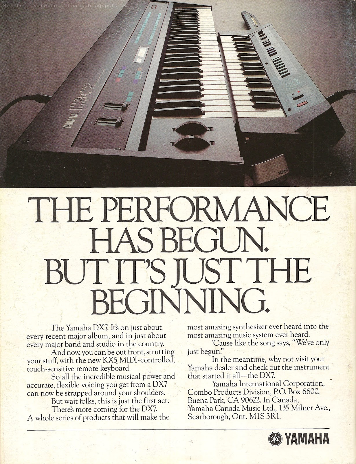 A 1985 Yamaha advertisement showing the DX7 and the KX5 remote keyboard, headlined 'The performance has begun. But it's just the beginning.'