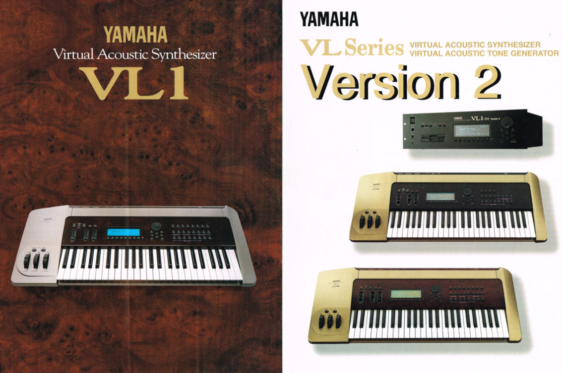 Yamaha brochures: the VL1 Virtual Acoustic Synthesizer on a burr-walnut cover, and the VL Series Version 2 with the VL1-m tone generator and two VL1 keyboards
